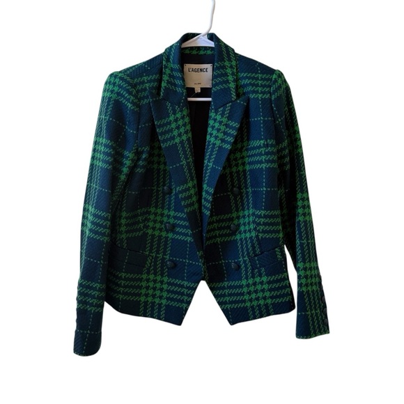 L'AGENCE Brooke Double Breasted Cropped Blazer in Jewel Green Multi Plaid Sz 4 - Picture 3 of 8